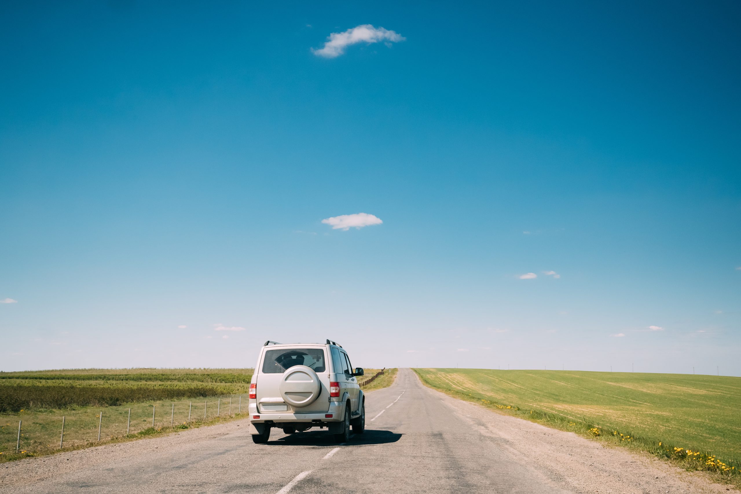 Top 5 Must-Do Maintenance Tips for Diesel Engines - Gray SUV Car rides along Road In Spring Summer Fields Landscape