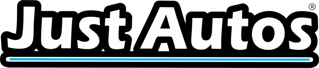 Just Autos logo black with blue and white accents